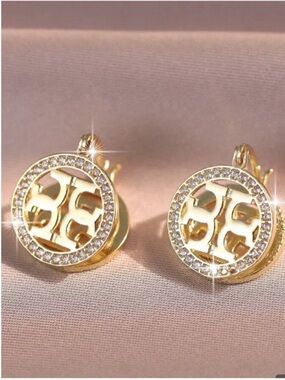 Tory Burch Gold Crystal Logo Drop Earrings